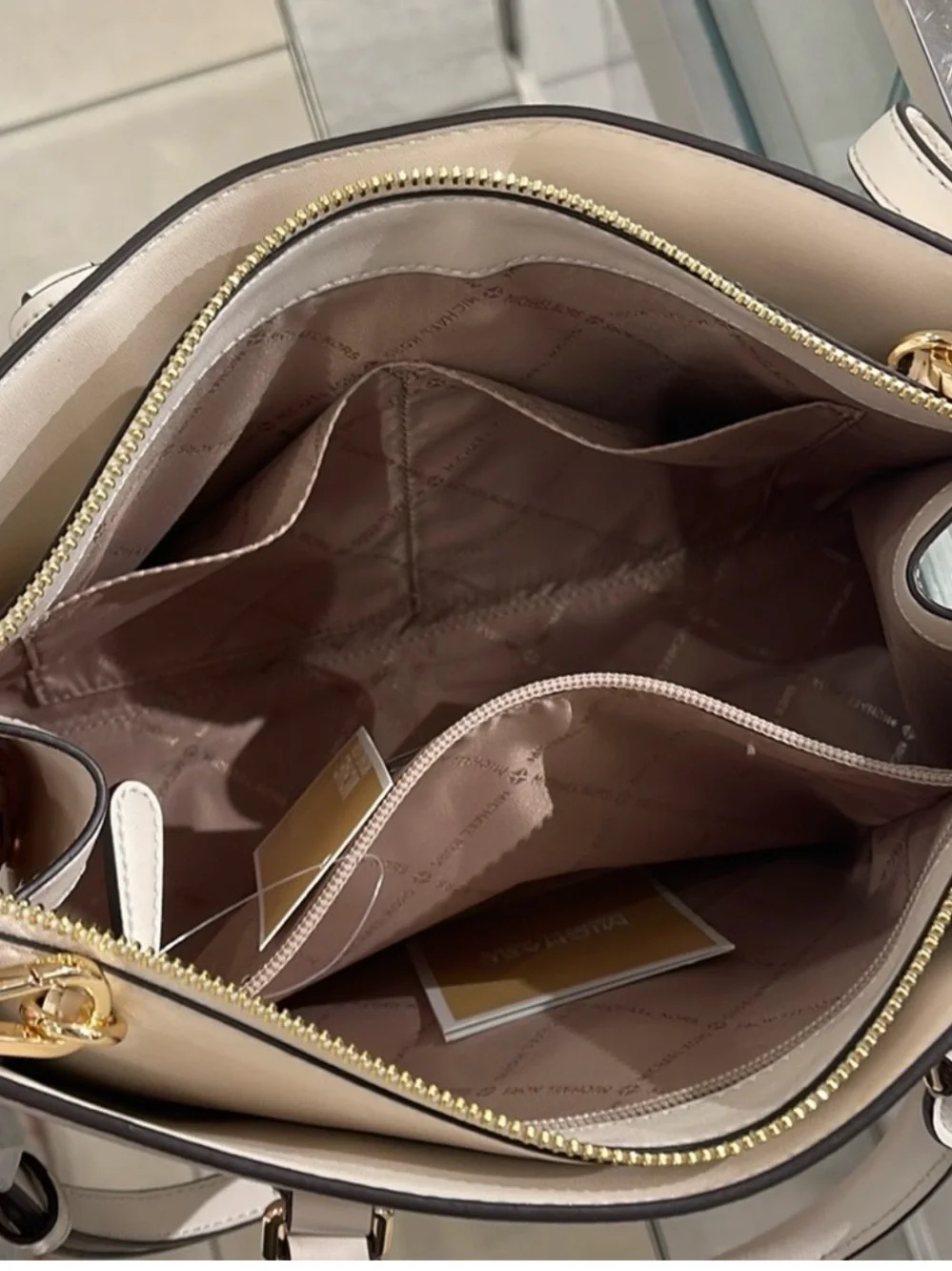 Michael Kors Pale Cream Saffiano Satchel with Gold Hardware